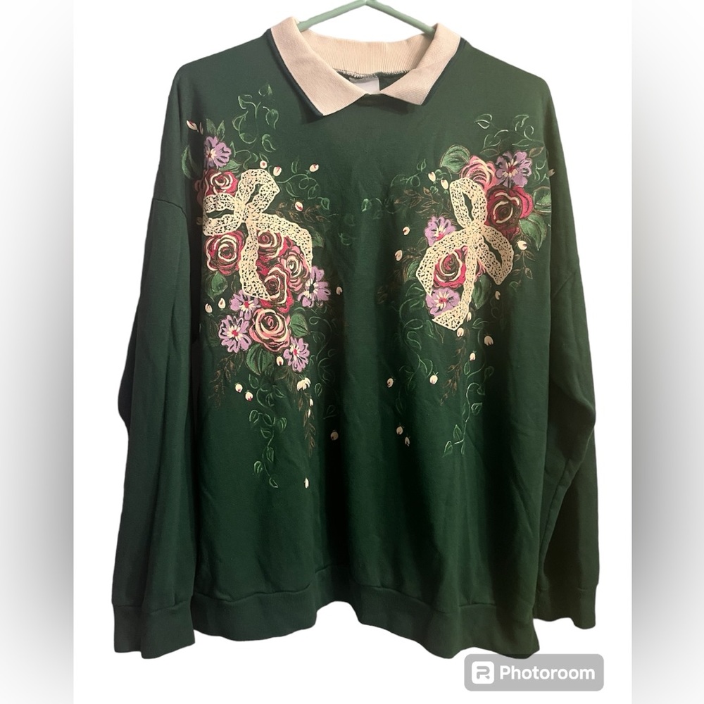 Vtg 90’s floral print collared sweatshirt size XL green Grandmacore cottagecore